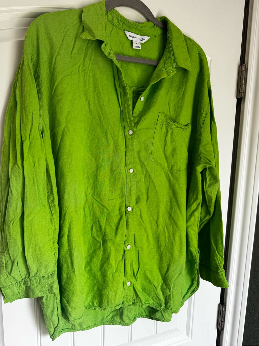 Old Navy Boyfriend Shirt XL Bright Green Linen Blend Oversized Button Down